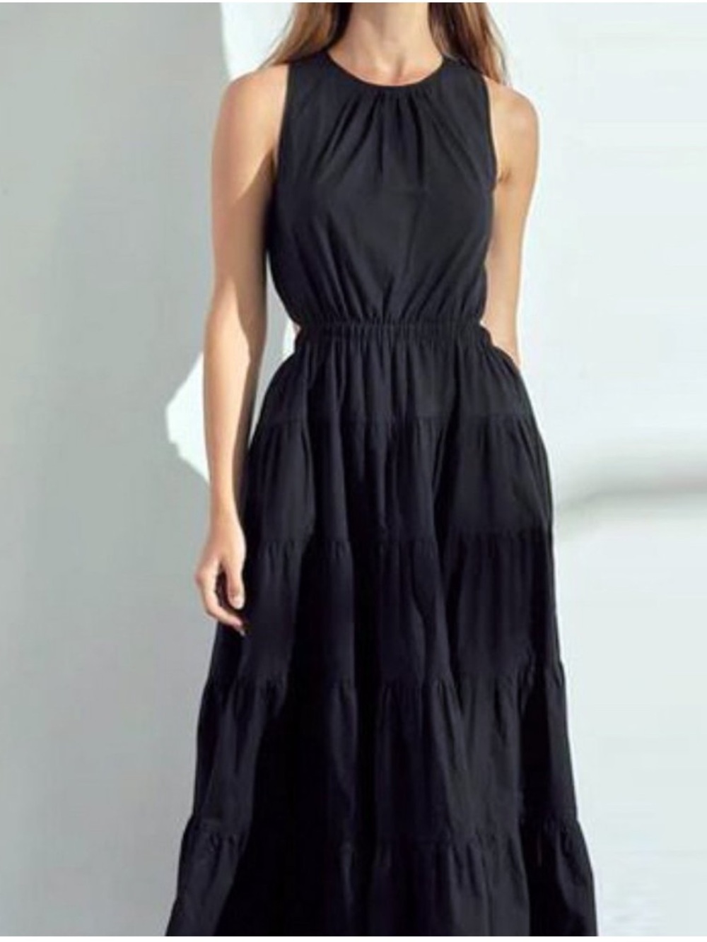 &merci Black Sleeveless Tiered Cutout Maxi Poplin Dress Classic Women's Dress